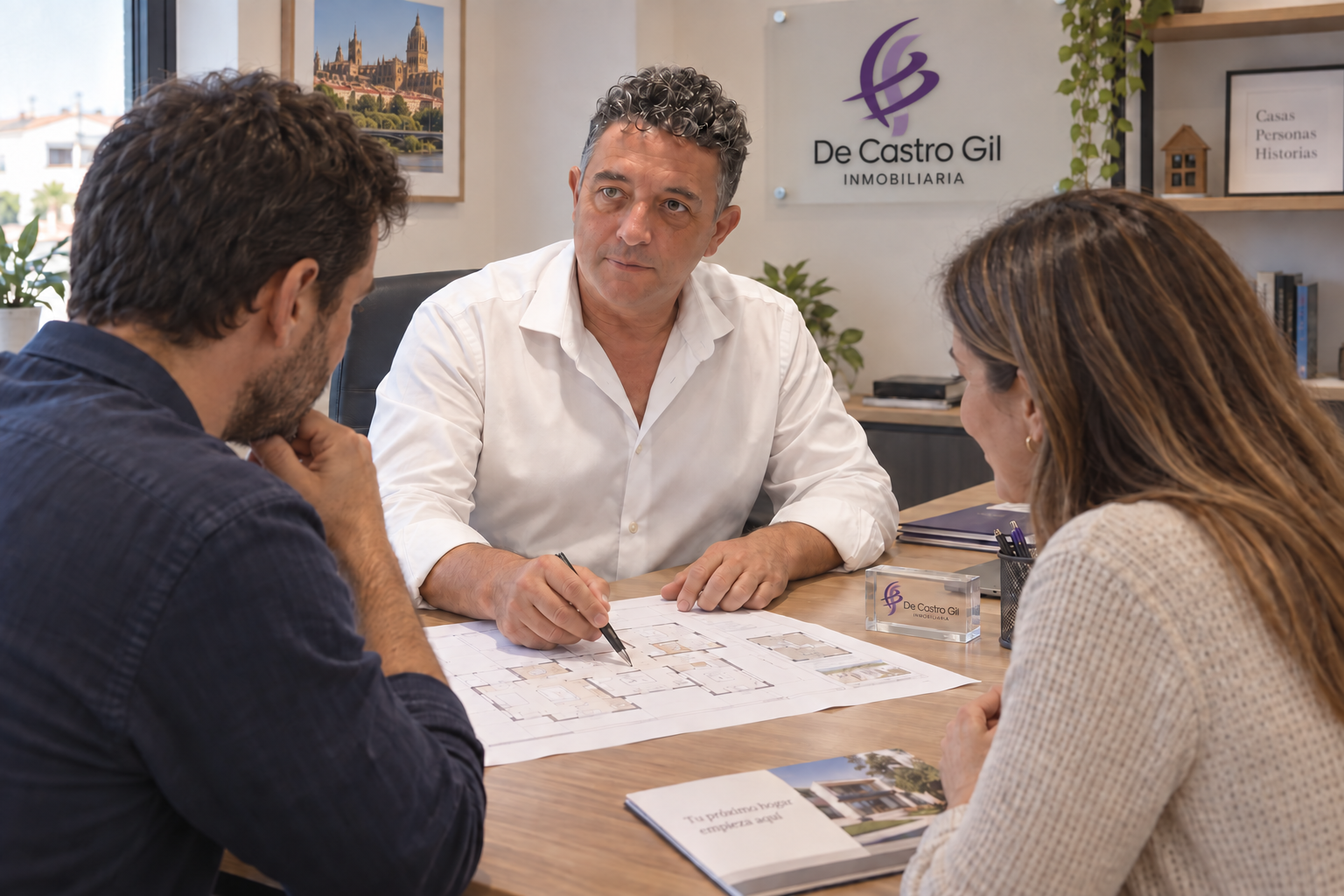 Recreación del responsable de De Castro Gil asesorando a una pareja sobre los planos de una vivienda