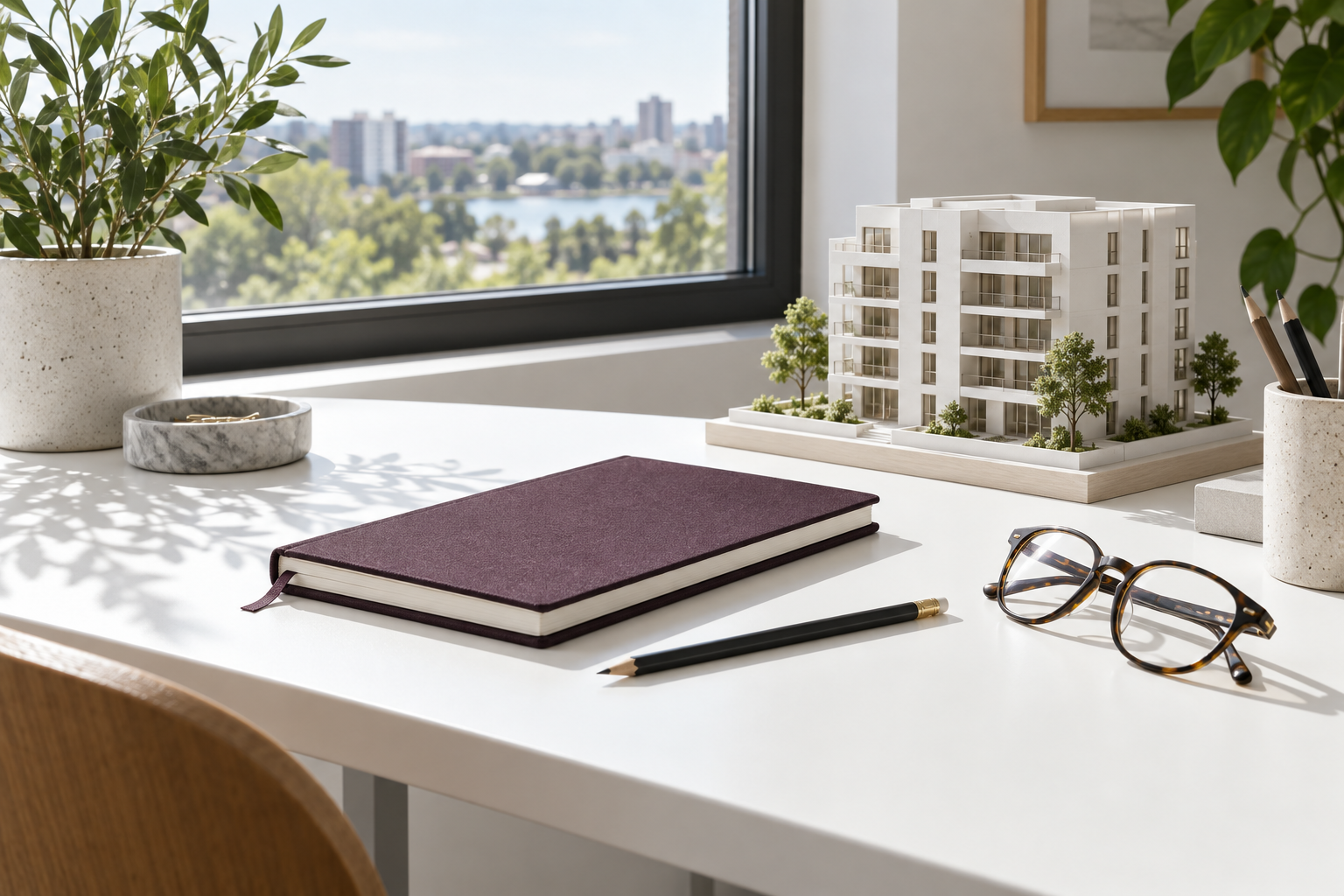 Ilustración editorial de una mesa de estudio con una maqueta de vivienda